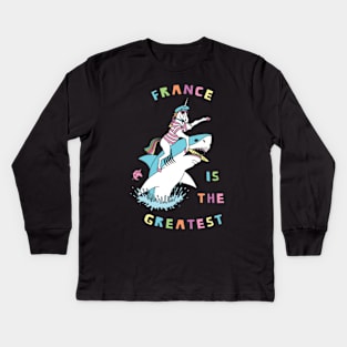 France Is The Greatest Unicorn Riding Shark Kids Long Sleeve T-Shirt